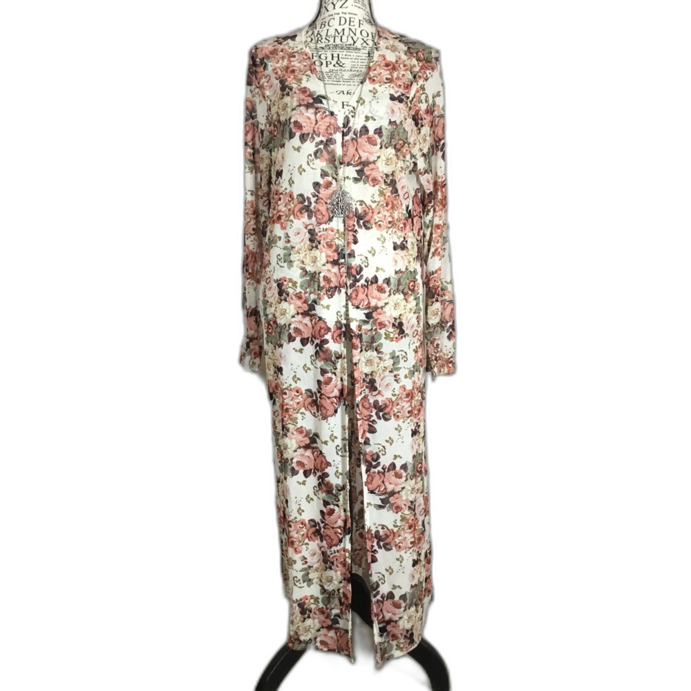 Cream floral mesh long sleeve duster robe kimono cover up floaty feminine L